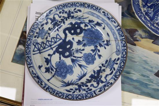 A Chinese blue and white bowl, five plates and two cups